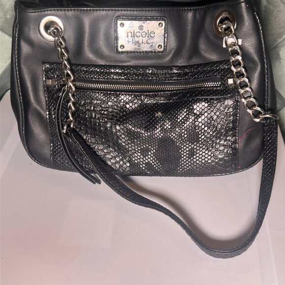 Nicole Miller Satchel Handbag‎ Purse W/chain Black Faux Snakeskin *GS9 - Picture 1 of 6